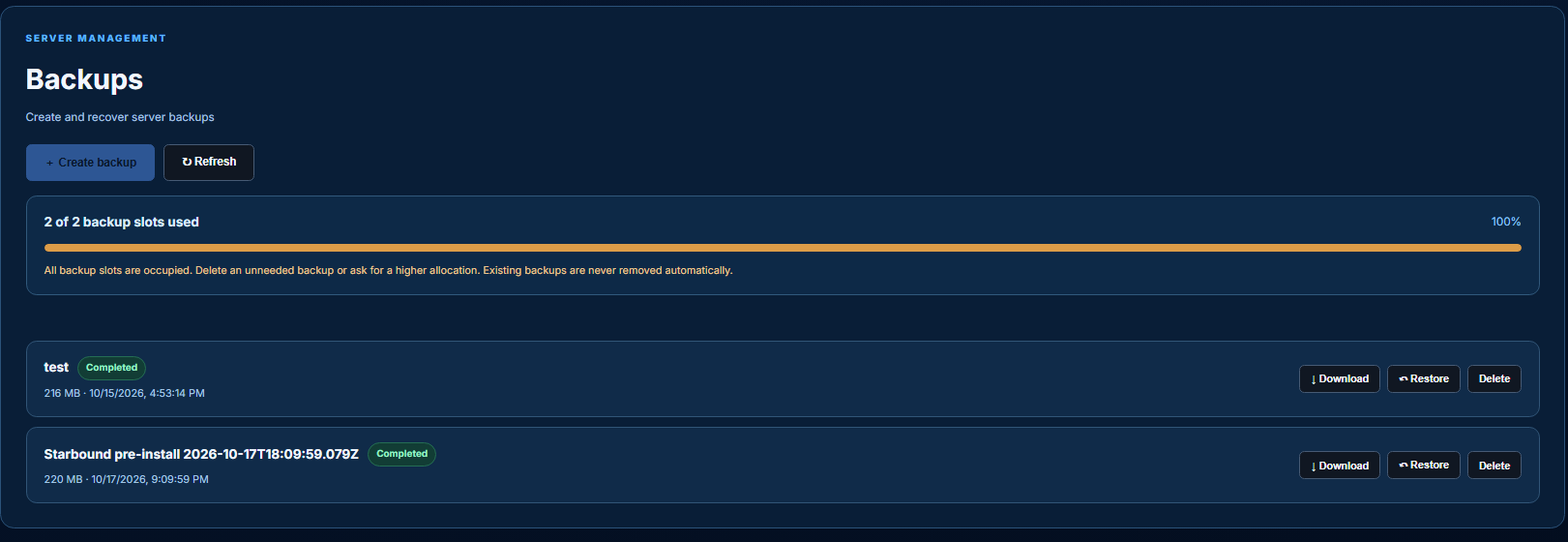 Starbound Hosting Backup management development screenshot