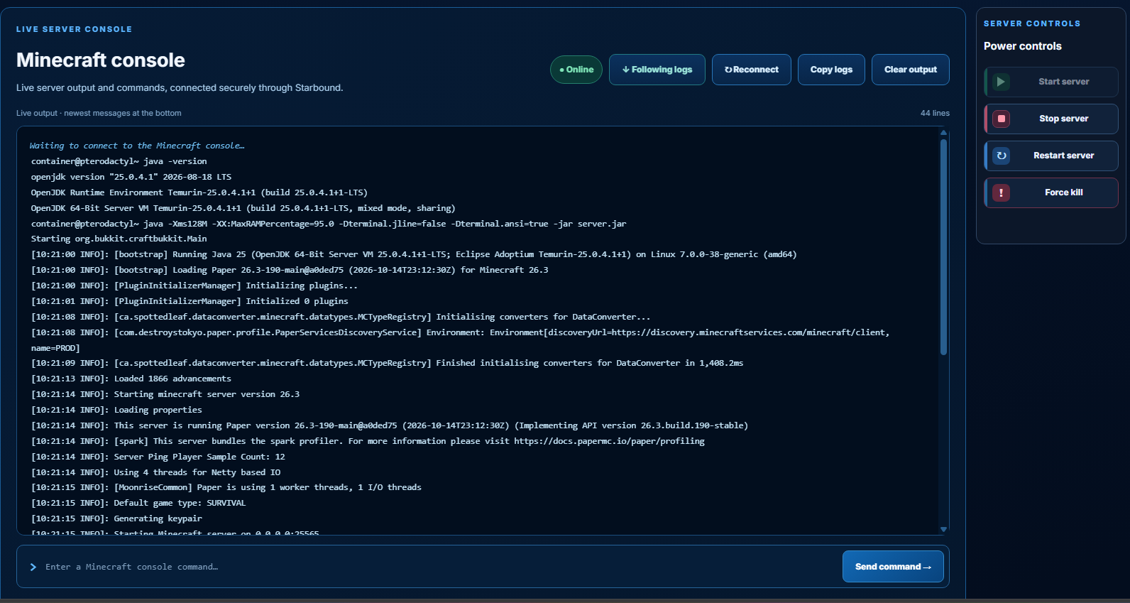 Starbound Hosting Console and power controls development screenshot